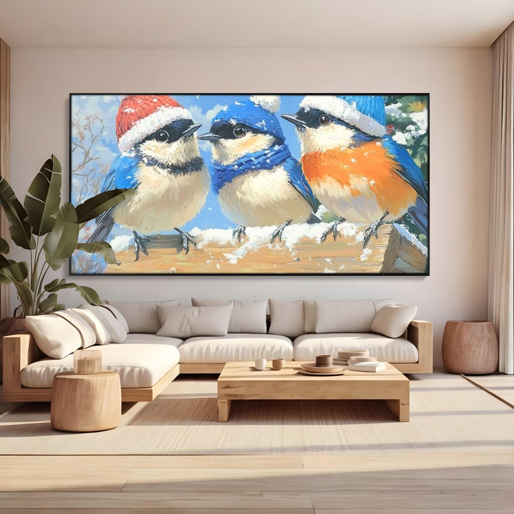 Tablou canvas cu tablou canvas cu trei vrabiute cu caciulite de iarna, in rama de aluminiu negru, pe perete intr-un living
